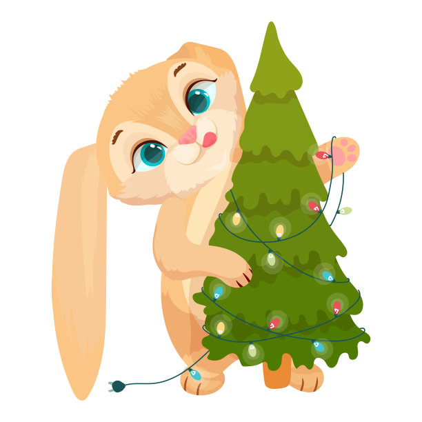 可爱的兔子装饰圣诞树。寒假。快乐的兔子。矢量插图在白色背景。图片下载