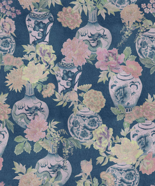 蓝色的中国花瓶，插着一束菊花，牡丹，玫瑰。无缝图案，用水彩画传统东方符号图片下载