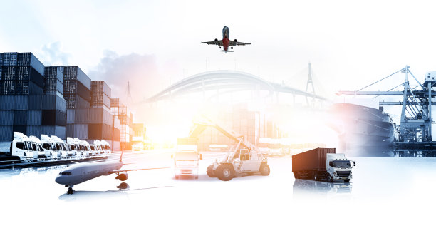物流全球技术运输概念，集装箱货轮和货机与起重机桥在船厂日出，物流进出口和运输行业背景图片下载
