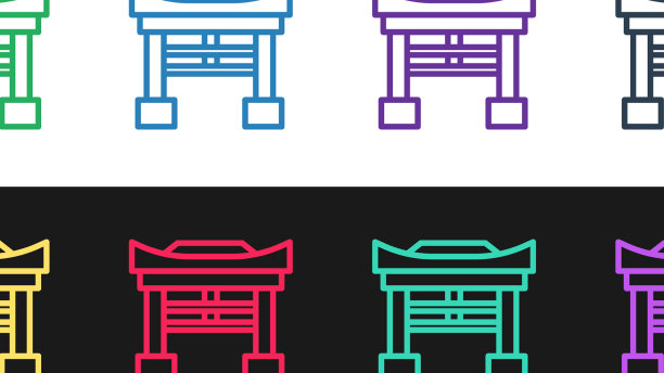 设定线日本门图标孤立在黑色和图片下载