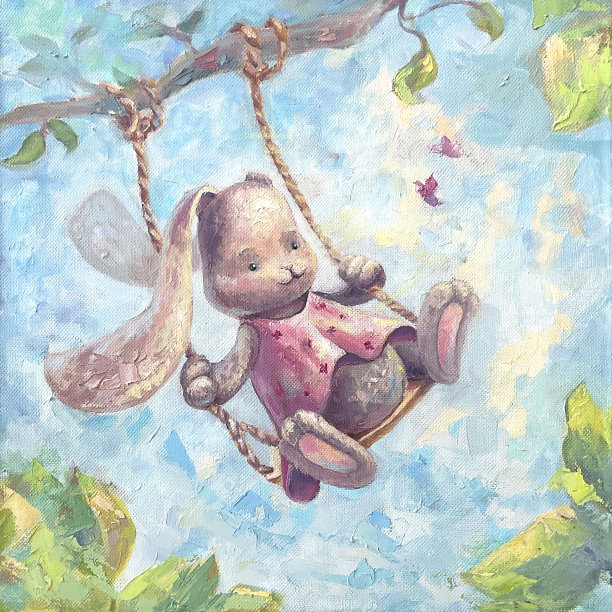 一只可爱的兔子在树上荡秋千。蓝色背景的托儿所艺术海报。油画，孩子们的画布。兔子穿着粉红色的裙子，蝴蝶飞来飞去图片下载