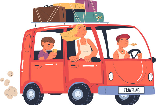 年轻男女带着行李乘面包车旅行图片下载
