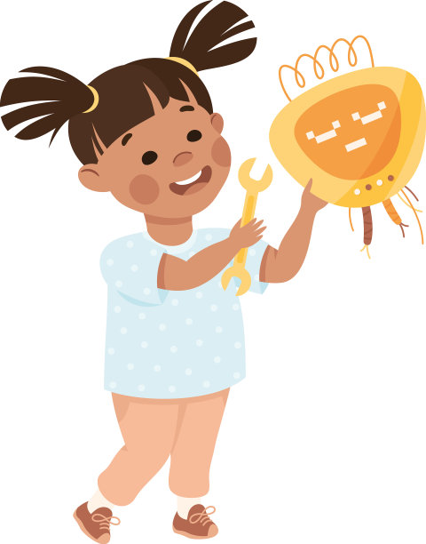 小女孩正在用扳手组装机器人图片下载