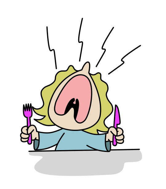 可爱的小女孩角色哭生气的叉和刀和喊她的嘴大开饿。发怒。卡通风格矢量插图。图片下载