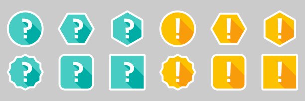 问号图标设置，常见问题符号，帮助符号。感叹号图标设置，注意符号，警告图标，危险警告符号。浅蓝色和黄色风格。白色的行程设计。图片下载