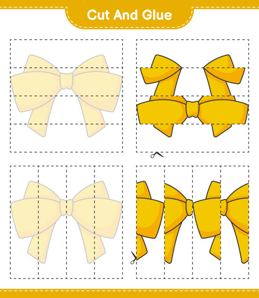 剪切和粘合，剪切部分的丝带和粘合他们。教育儿童游戏，可打印的工作表，矢量插图图片下载