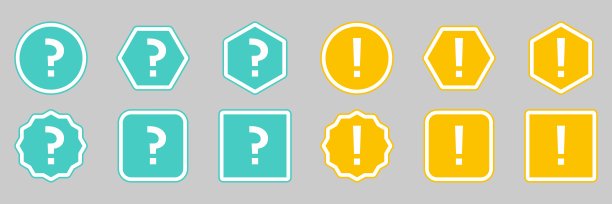 问号图标设置，常见问题符号，帮助符号。感叹号图标设置，注意符号，警告图标，危险警告符号。浅蓝色和黄色风格。图片下载