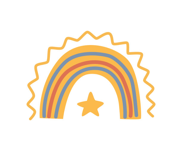 彩虹卡通，童心画卷。矢量在平的风格，心和花在开花，盛开和繁茂的植物，明亮的太阳和雨，多雨的天气图片下载