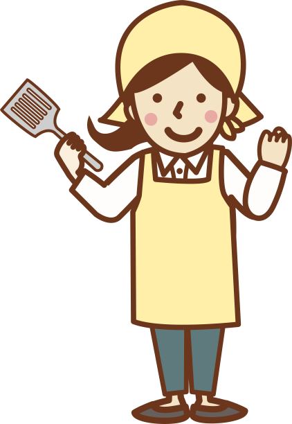 一个穿着围裙的微笑的女人拿着锅铲，摆出一个大胆的姿势。图片下载