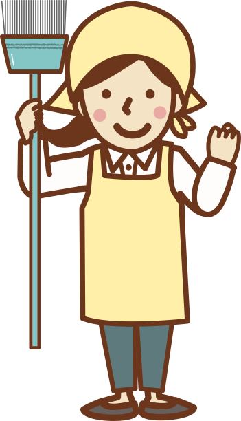 一个女人穿着围裙和背带，微笑着拿着扫帚。图片下载