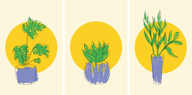 一套海报与花盆线艺术手绘图片下载