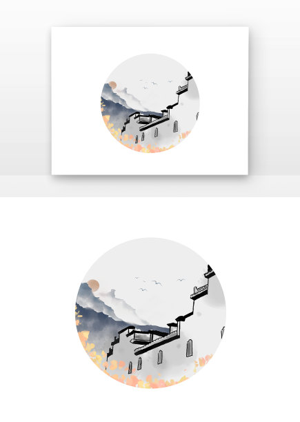 原创元素水墨古风建筑菊花图片下载