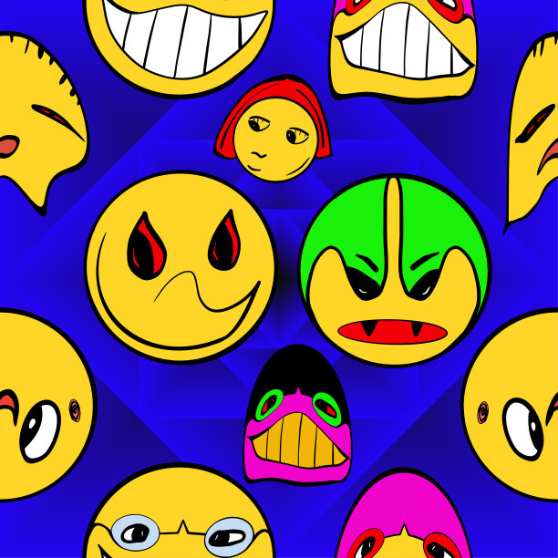 迷幻的卡通脸。疯狂涂鸦的面孔，表情矢量无缝图案。
有趣的疯狂的脸。图片下载