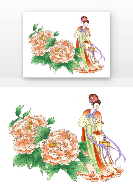 橘红清新国庆节古风人物和牡丹组合元素图片下载