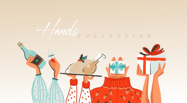 手绘矢量抽象圣诞快乐和新年快乐卡通插图欢迎集合与庆祝人们的手孤立在白色背景图片下载