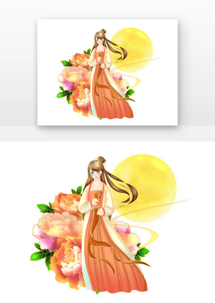 女孩在月光下国庆节古风人物和国花组合图片下载
