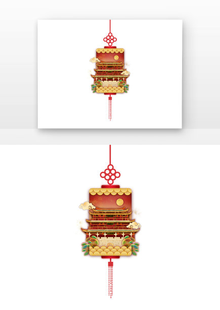 黄红色国潮广济楼松树灯笼剪纸图片下载