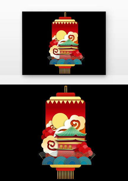 红蓝色国潮古建筑阁楼凉亭剪纸风国庆节灯笼图片下载