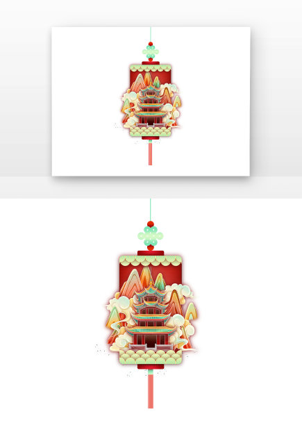 橙红色国潮祥云山脉灯笼剪纸图片下载