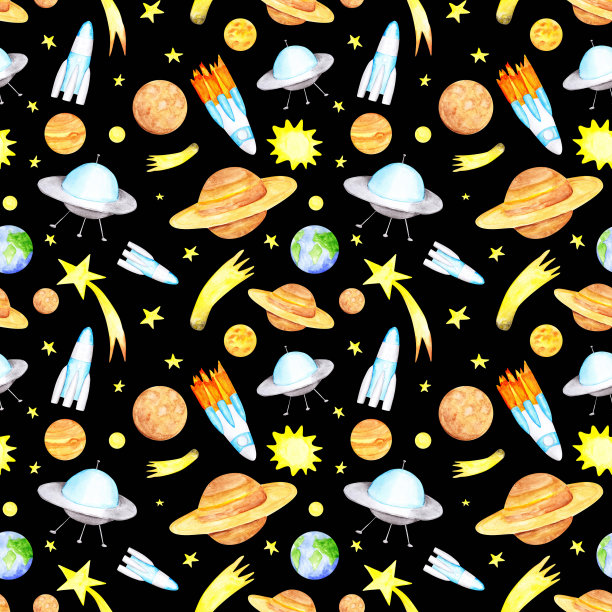 在黑色背景上的水彩空间无缝图案。太阳系的行星、火箭、彗星、太阳、ufo和背景上的星星。土星，地球，木星，月球，火星，和宇宙飞船。图片下载