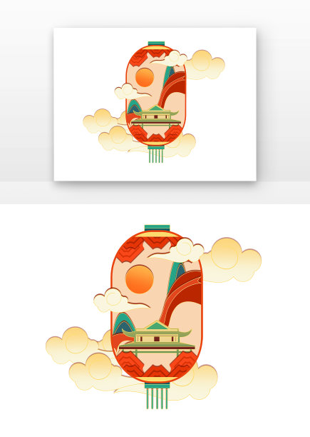 国潮剪纸风国庆灯笼云纹建筑图片下载