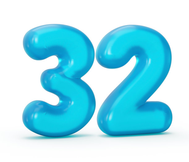 蓝色果冻数字32 32孤立在白色背景果冻彩色字母数字儿童3d插图图片下载