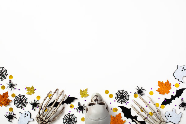 万圣节节日快乐的概念。万圣节框架边界蝙蝠，蜘蛛，幽灵，头骨，骨骼手臂。令人毛骨悚然的万圣节平躺。图片下载