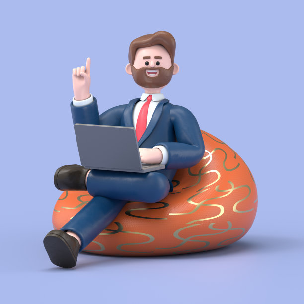 3D插图微笑胡子美国商人鲍勃与笔记本电脑在紫色豆袋扶手椅。蓝色背景上的3D渲染。图片下载