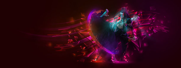 年轻美丽的夫妇，男人和女人跳舞交际舞在黑暗的背景与五颜六色的霓虹灯元素。摩天观景轮图片下载