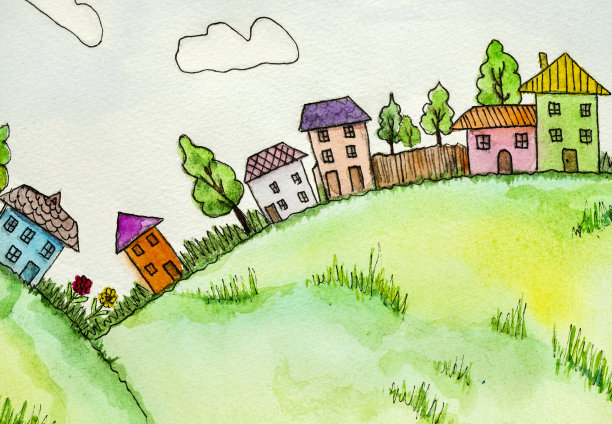 水彩画。明亮的童话小镇和五颜六色的房子。卡。图片下载