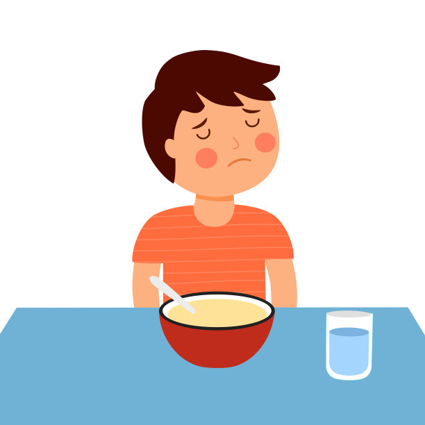 男孩孩子觉得不饿概念矢量插图在白色背景。孩子们不想吃东西。没有胃口。图片下载