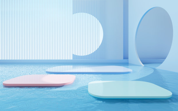 空白的舞台与蓝色几何结构，3d渲染。图片下载