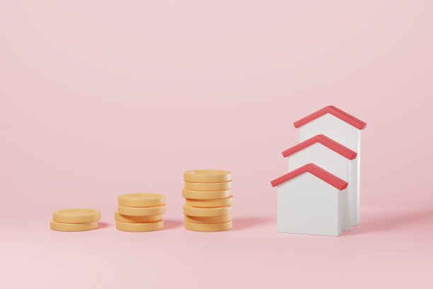 房子和堆叠硬币在粉红色的背景。房地产资产财务预算或企业投资，为买房储蓄资金，物业租赁抵押贷款规划概念。三维渲染图片下载