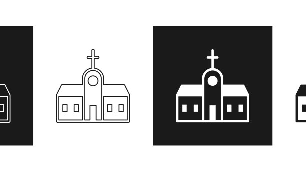 设置教堂建筑图标孤立在黑色和图片下载