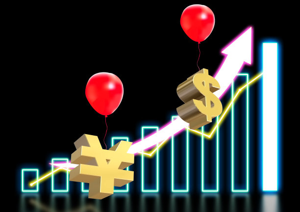 红色气球上悬挂着上升的货币符号和图表的3D插图图片下载