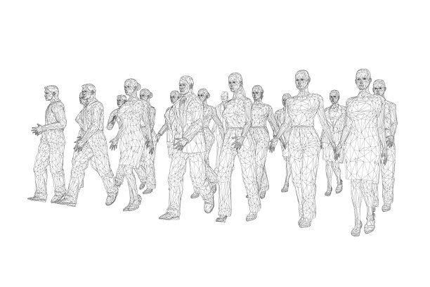 一群行走的人的线框图从黑线孤立在白底。前视图。3 d。矢量插图。图片下载