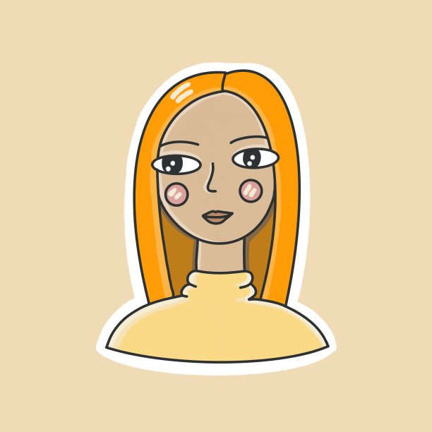 女孩与橙色的头发孤立在浅色背景，卡通插图。高质量的照片图片下载