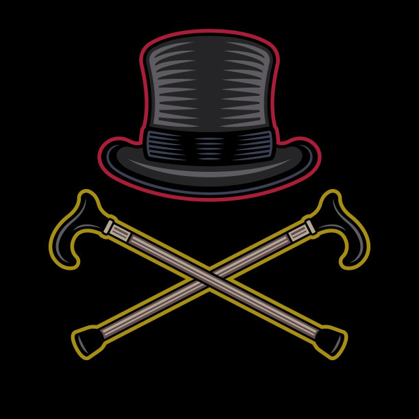 圆柱形帽子和两个交叉拐杖矢量插图在黑色背景上的彩色风格图片下载