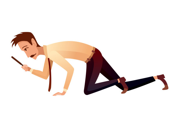 男性私家侦探或督察调查犯罪并寻找证据。侦探人物采用放大镜卡通平画风。调查员解决犯罪图片下载