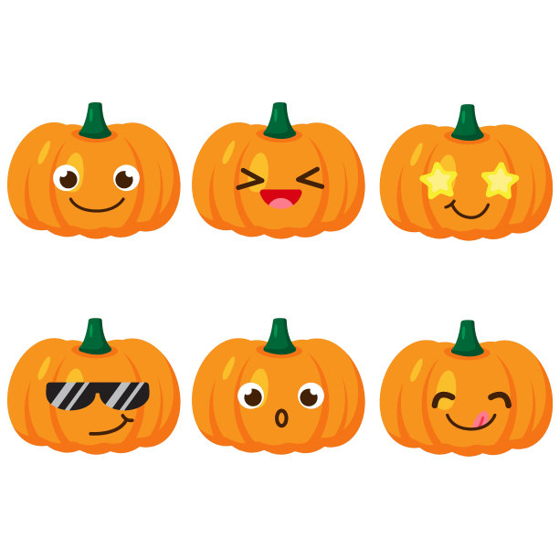 一套南瓜表情包。卡哇伊风格的图标，蔬菜角色。矢量插图在卡通平面风格。一组有趣的微笑或表情符号。良好的营养和素食观念。说明对孩子图片下载