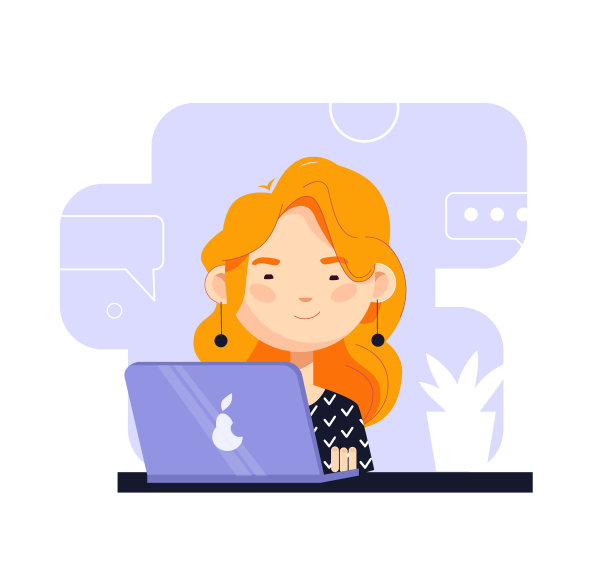 一个漂亮的红发女孩在电脑前工作。可爱的矢量插图孤立在白色背景上图片下载