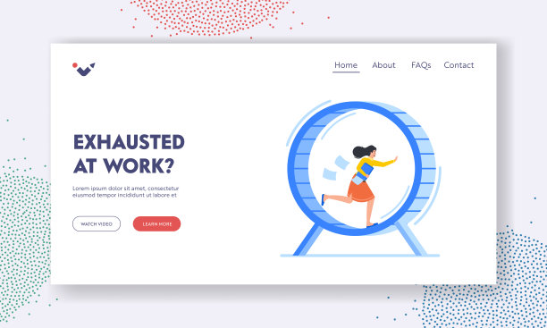 精疲力竭的工作着陆页面模板。老鼠赛跑的商业概念与紧张的女商人跑在仓鼠轮图片下载