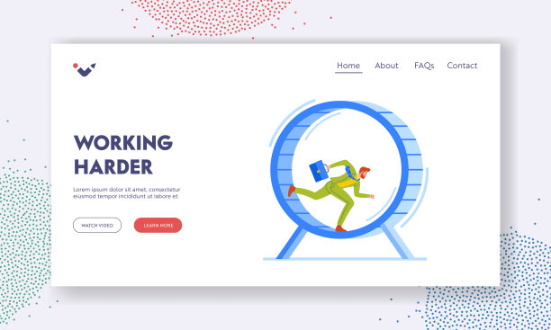 循环生活和日常例行着陆页面模板。疲惫的商人在巨大的仓鼠转轮内奔跑图片下载