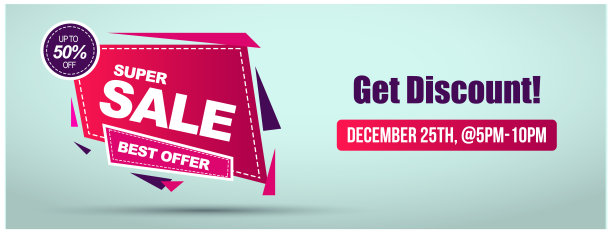 晚餐销售后的facebook封面或传单设计。超级销售标签封面紫色和粉红色的颜色在青色背景。折扣券的标志。促销公告横幅推特。得到折扣。图片下载