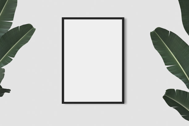 空白画框的照片，艺术，图形与叶子。框架模型模板的背景纹理。三维渲染图片下载