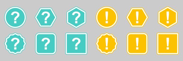 问号图标设置，常见问题符号，帮助符号。感叹号图标设置，注意符号，警告图标，危险警告符号。浅蓝色和黄色风格。图片下载