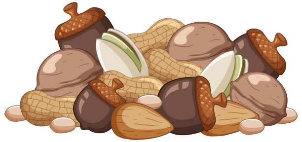 许多橡子核桃杏仁花生开心果卡通风格图片下载