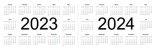 简单的2023年2024年的可编辑矢量日历。一周从周日开始。图片下载