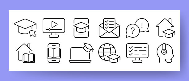 远程学习设置图标。学术，在线会议，电话，电脑，电子邮件，检查清单，家庭，数字书籍，全球，学生，耳机。教育的概念。矢量线图标广告图片下载