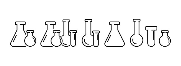 实验室研究设置图标。电脑，烧瓶，六边形，物质，神经网络，DNA分子，试管，遗传学，原子，放大镜，电话，书。技术的概念。矢量线图标的业务图片下载